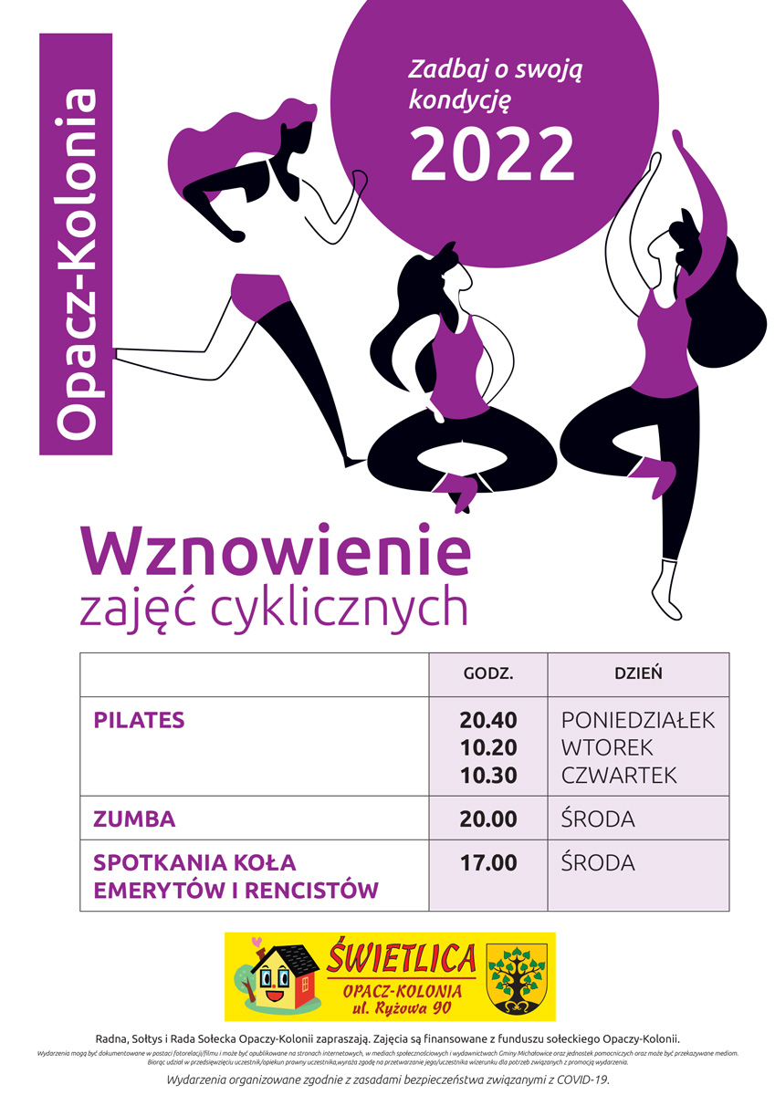 Grafika obrazująca zaproszenie na zajęcia cykliczne w Opaczy-Kolonii.