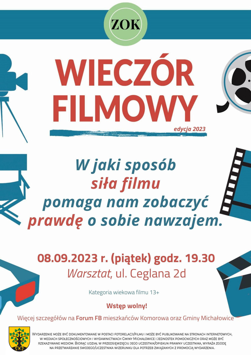 Grafika zapraszająca na Wieczór Filmowy