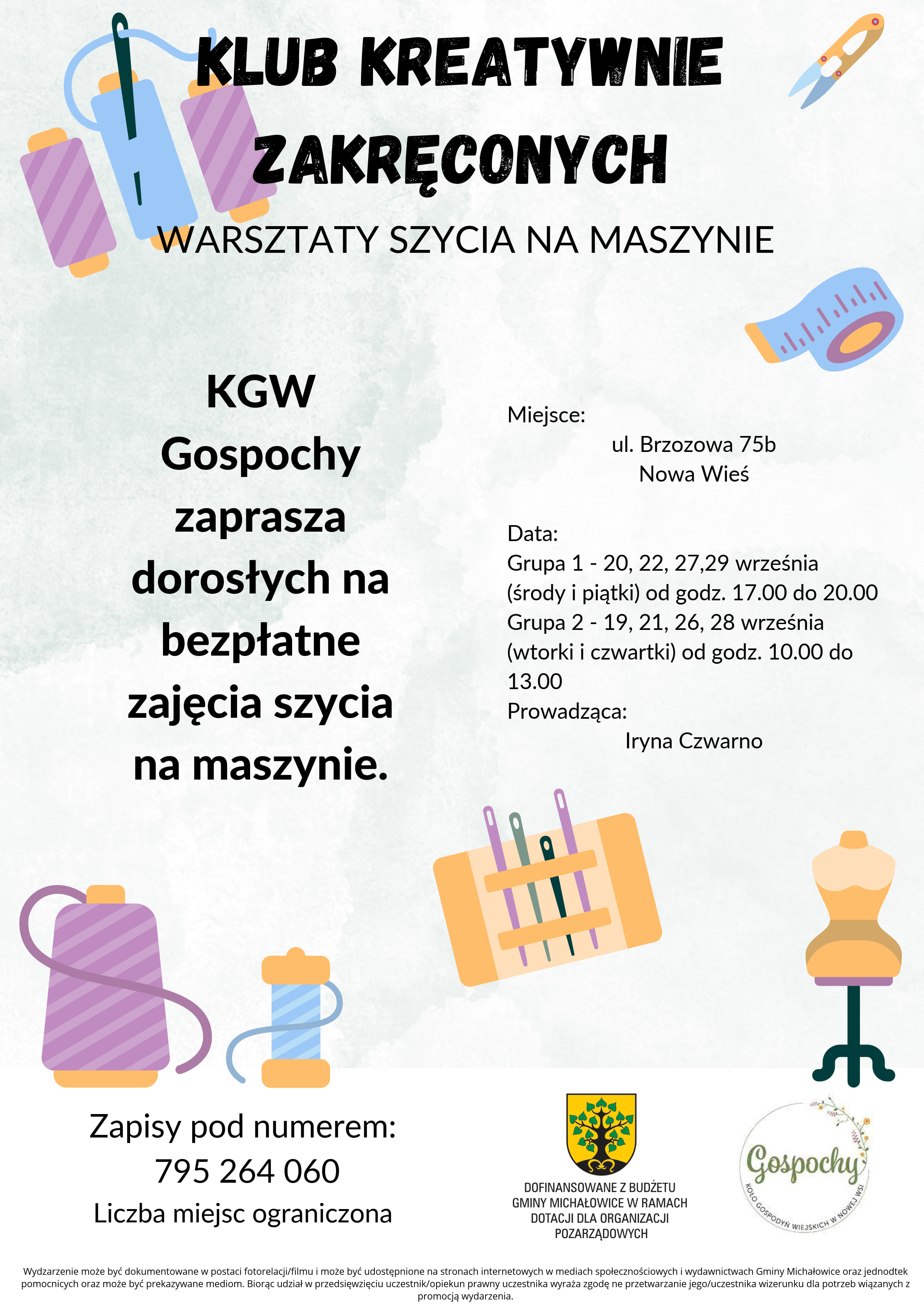 Grafika zapraszająca na zajęcia z szycia na maszynie