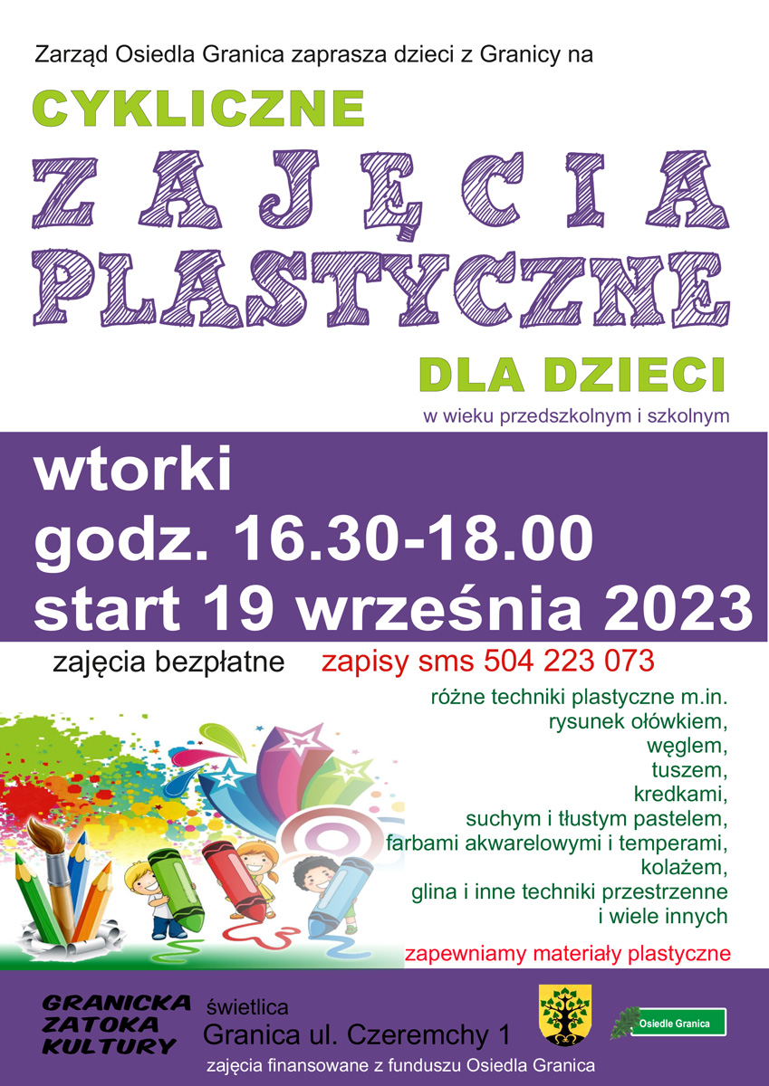 Grafika zapraszająca na zajęcia plastyczne